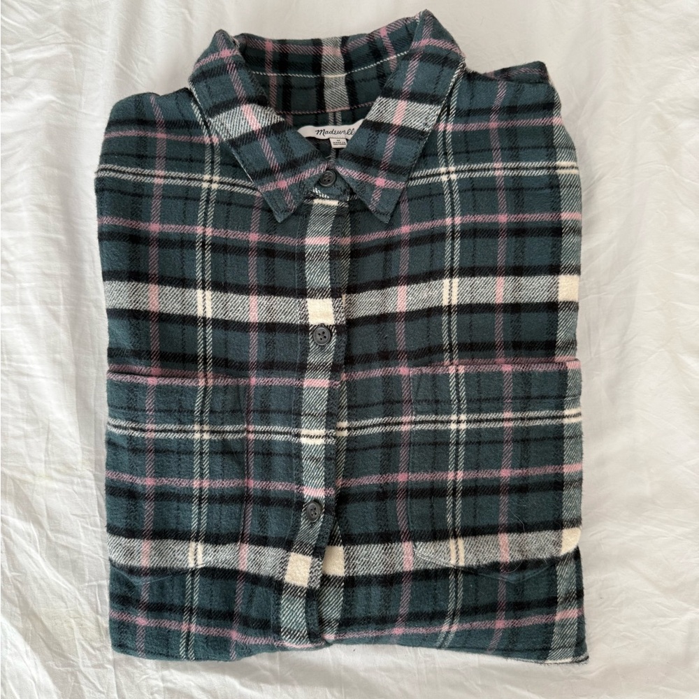 WOMENS Madewell Green, Pink, and White Flannel Button Down